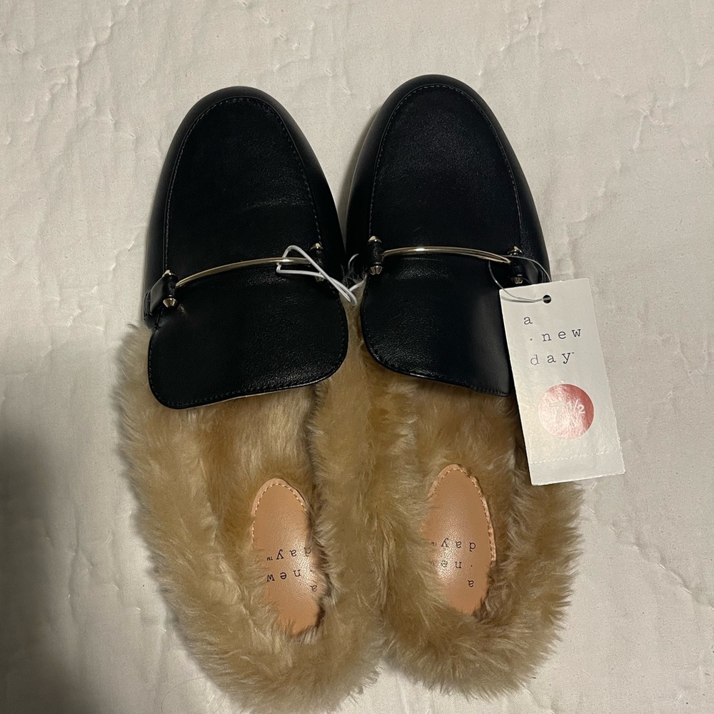 A New Day black fur mules